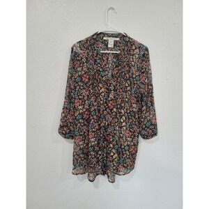 American Rag Floral Print Blouse Top Womens XL Sheer Long Sleeve Button Tab #19